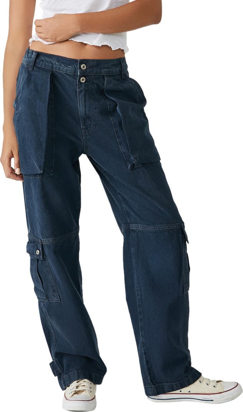 Free People We The Free Black Wash Marx Cargo Baggy Laid Back Denim Pants Jeans
